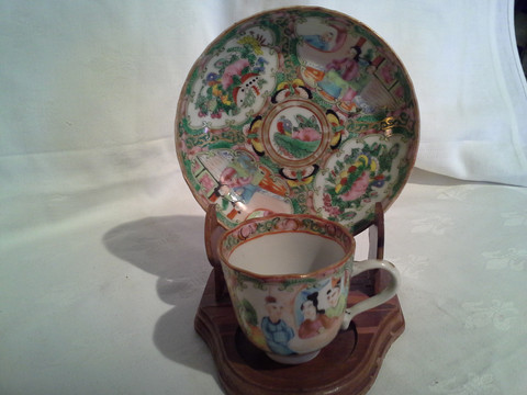 Chinese Famille Rose Medallion demitasse cup and saucer with stand