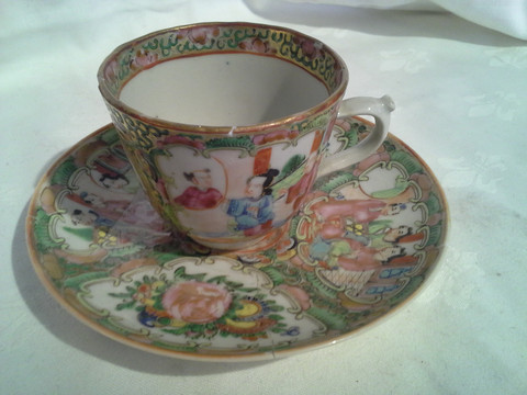 Chinese Famille Rose Medallion demitasse cup and saucer (repaired)